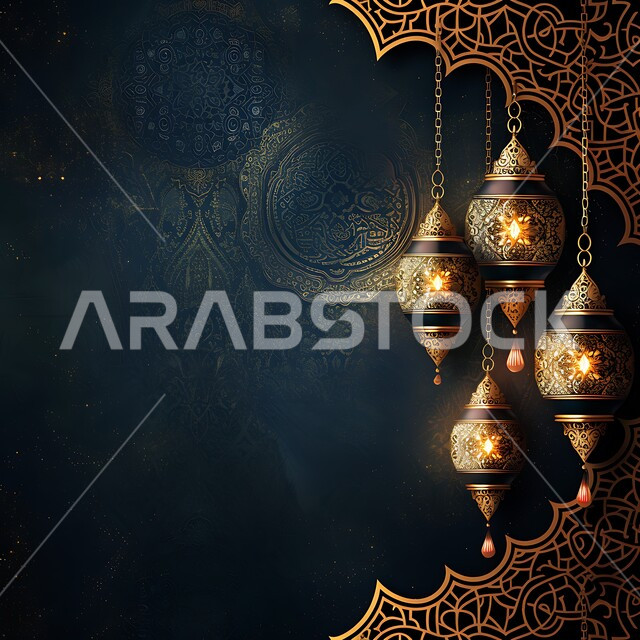 زينة وديكورات رمضان المبارك, صورة مقربة لمجموعة من الفوانيس المعدنية التقليدية المعلقة المزخرفة ,الاحتفال بالمناسبات والأعياد الدينية الاسلامية، البهجة بقدوم شهر الخير