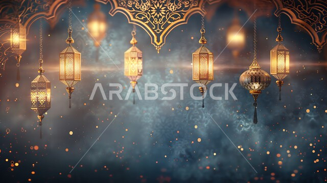 Religious artifacts to celebrate the arrival of the month of goodness, Islamic holiday and occasion decorations and accessories, traditional geometric design of hanging metal lanterns in Saudi Arabia, spiritual atmosphere in the holy month of Ramadan