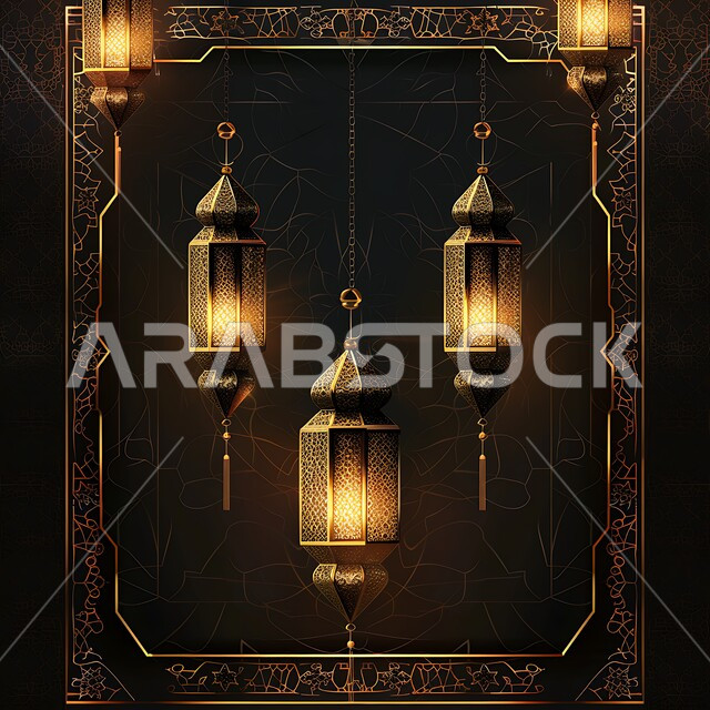 مجموعه من الفوانيس المعدنية المعلقة والمضيئة، ديكورات وأنوار ذهبية في الأجواء الرمضانية الروحانية, الاحتفال بقدوم شهر الخير، الفن الاسلامي للتحف والاكسسوارات، مناسبات دينية اسلامية ,إضاءة وزينة رمضان المبارك