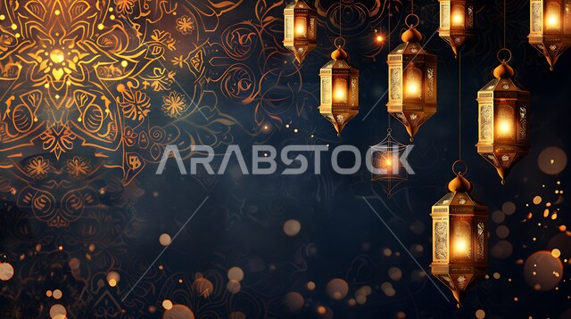 مجموعه من الفوانيس المعدنية المعلقة والمضيئة، ديكورات وأنوار ذهبية في الأجواء الرمضانية الروحانية, الاحتفال بقدوم شهر الخير، الفن الاسلامي للتحف والاكسسوارات، مناسبات دينية اسلامية ,إضاءة وزينة رمضان المبارك
