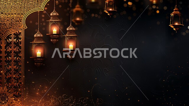 مجموعه من الفوانيس المعدنية المعلقة والمضيئة، ديكورات وأنوار ذهبية في الأجواء الرمضانية الروحانية, الاحتفال بقدوم شهر الخير، الفن الاسلامي للتحف والاكسسوارات، مناسبات دينية اسلامية ,إضاءة وزينة رمضان المبارك