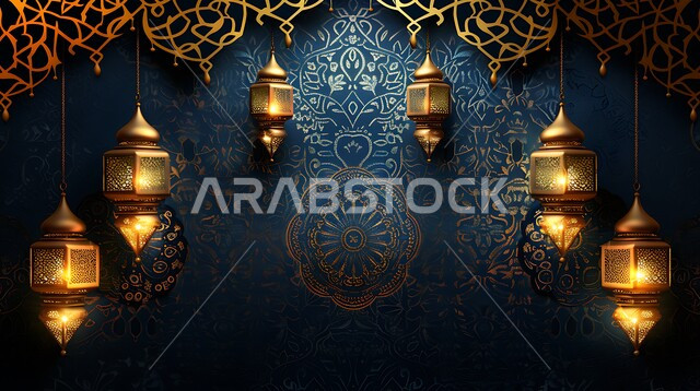 مجموعه من الفوانيس المعدنية المعلقة والمضيئة، ديكورات وأنوار ذهبية في الأجواء الرمضانية الروحانية, الاحتفال بقدوم شهر الخير، الفن الاسلامي للتحف والاكسسوارات، مناسبات دينية اسلامية ,إضاءة وزينة رمضان المبارك