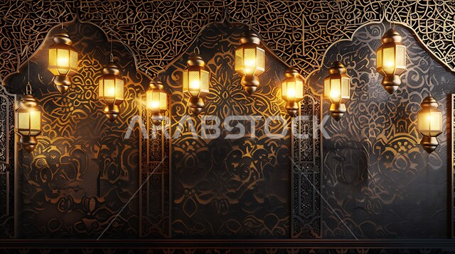 مجموعه من الفوانيس المعدنية المعلقة والمضيئة، ديكورات وأنوار ذهبية في الأجواء الرمضانية الروحانية, الاحتفال بقدوم شهر الخير، الفن الاسلامي للتحف والاكسسوارات، مناسبات دينية اسلامية ,إضاءة وزينة رمضان المبارك
