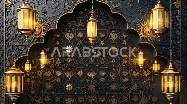 العادات والتقاليد العربية في زينة الأعياد والمناسبات الدينية، فوانيس وتحف وديكورات تقليدية للاحتفال بقدوم شهر الخير، أجواء رمضانية وروحانية إسلامية، مصابيح معدنية مزخرفة مضيئة، الاستعداد لاستقبال رمضان المبارك