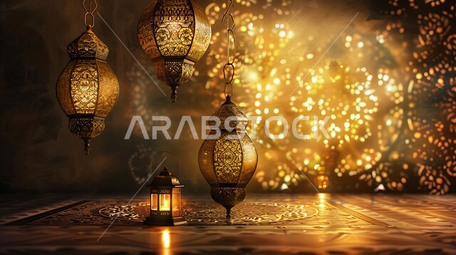 العادات والتقاليد العربية في زينة الأعياد والمناسبات الدينية، فوانيس وتحف وديكورات تقليدية للاحتفال بقدوم شهر الخير، أجواء رمضانية وروحانية إسلامية، مصابيح معدنية مزخرفة مضيئة، الاستعداد لاستقبال رمضان المبارك