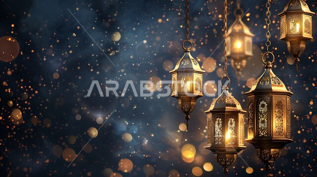 العادات والتقاليد العربية في زينة الأعياد والمناسبات الدينية، فوانيس وتحف وديكورات تقليدية للاحتفال بقدوم شهر الخير، أجواء رمضانية وروحانية إسلامية، مصابيح معدنية مزخرفة مضيئة، الاستعداد لاستقبال رمضان المبارك