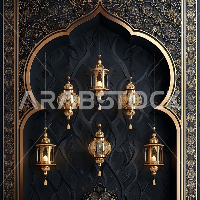 Arab customs and traditions in holiday decorations and religious occasions, lanterns, antiques and traditional decorations to celebrate the arrival of the month of goodness, Ramadan atmosphere and Islamic spirituality, illuminated decorative metal lamps, preparing to receive the blessed Ramadan
