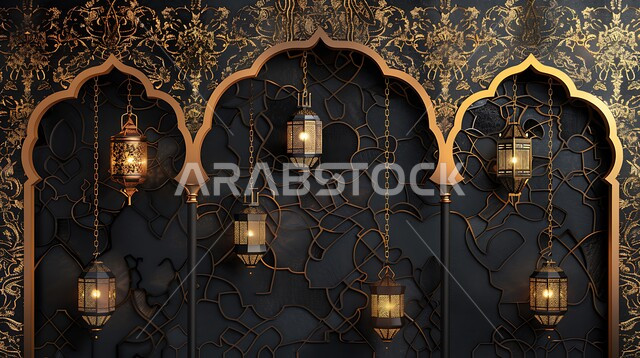 استقبال شهر الخير بالزينة التقليدية العربية، الفن الإسلامي للتحف والاكسسوارات والفوانيس المضيئة، مجموعة من المصابيح المعدنية المزخرفة المعلقة، الديكورات والأنوار في الأجواء الرمضانية الروحانية