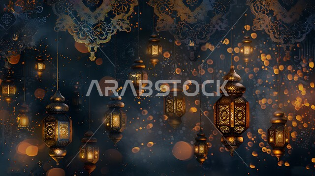 مفهوم الاحتفال بالمناسبات والأعياد الدينية الاسلامية في المملكة العربية السعودية، ديكورات وزينة رمضان المبارك, الفوانيس المعدنية التقليدية المضاءة المعلقة, البهجة بقدوم شهر الخير، الأجواء الروحانية المتميزة