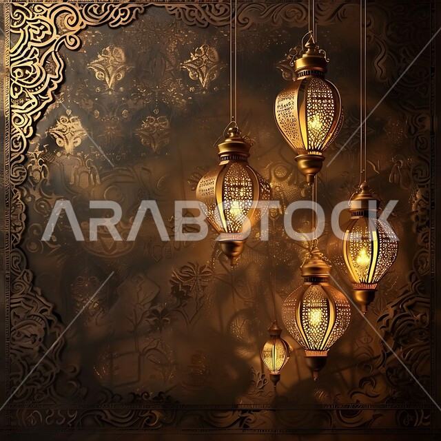 Welcome the month of goodness with traditional Arabic decorations, Islamic art of antiques and accessories and illuminated lanterns, a group of hanging decorative metal lamps, decorations and lights in the spiritual Ramadan atmosphere