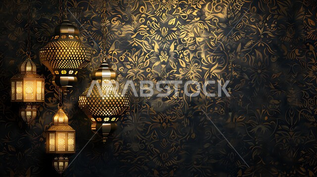 استقبال شهر الخير بالزينة التقليدية العربية، الفن الإسلامي للتحف والاكسسوارات والفوانيس المضيئة، مجموعة من المصابيح المعدنية المزخرفة المعلقة، الديكورات والأنوار في الأجواء الرمضانية الروحانية