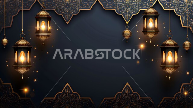 The concept of celebrating Islamic religious occasions and holidays in the Kingdom of Saudi Arabia, Ramadan decorations and ornaments, traditional hanging illuminated metal lanterns, joy at the arrival of the month of goodness, distinctive spiritual atmosphere