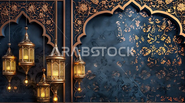 استقبال شهر الخير بالزينة التقليدية العربية، الفن الإسلامي للتحف والاكسسوارات والفوانيس المضيئة، مجموعة من المصابيح المعدنية المزخرفة المعلقة، الديكورات والأنوار في الأجواء الرمضانية الروحانية