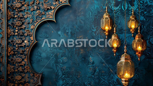 The concept of celebrating Islamic religious occasions and holidays in the Kingdom of Saudi Arabia, Ramadan decorations and ornaments, traditional hanging illuminated metal lanterns, joy at the arrival of the month of goodness, distinctive spiritual atmosphere