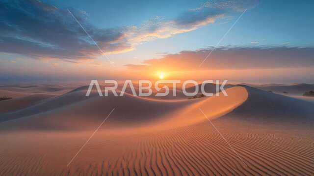 Dunes and soft golden sand in desert places at sunset, sand formations and hills in the desert, wild areas and landscapes in the Kingdom of Saudi Arabia, recreational safaris, nature background
