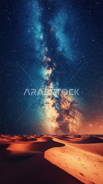 مجرة درب التبانة والسماء المرصعة بالنجوم في الصحراء ليلاً, مناطق البادية والبيئة الطبيعية الصحراوية، المناخ الصحراوي الجاف في المملكة العربية السعودية، التضاريس والكثبان الرملية الناعمة في الاماكن البرية