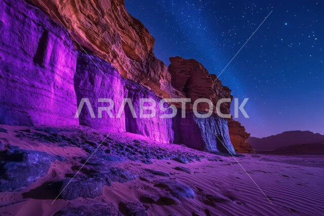 المناخ الصحراوي الصخري الجاف في المملكة العربية السعودية، مناطق البادية والبيئة الطبيعية الصحراوية، مجرة درب التبانة والسماء المرصعة بالنجوم في الصحراء ليلاً, التضاريس والجبال الصخرية والكثبان الرملية الناعمة في الاماكن البرية