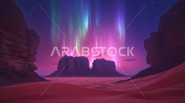 التضاريس والجبال الصخرية والكثبان الرملية الناعمة في الاماكن البرية, المناخ الصحراوي الصخري الجاف في المملكة العربية السعودية، مناطق البادية والبيئة الطبيعية الصحراوية، مجرة درب التبانة والسماء المرصعة بالنجوم في الصحراء ليلاً