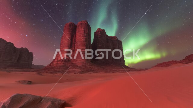 التضاريس والجبال الصخرية والكثبان الرملية الناعمة في الاماكن البرية, المناخ الصحراوي الصخري الجاف في المملكة العربية السعودية، مناطق البادية والبيئة الطبيعية الصحراوية، مجرة درب التبانة والسماء المرصعة بالنجوم في الصحراء ليلاً