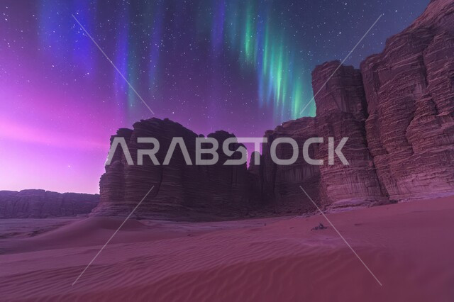 التضاريس والجبال الصخرية والكثبان الرملية الناعمة في الاماكن البرية, المناخ الصحراوي الصخري الجاف في المملكة العربية السعودية، مناطق البادية والبيئة الطبيعية الصحراوية، مجرة درب التبانة والسماء المرصعة بالنجوم في الصحراء ليلاً