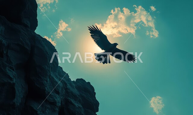 Taming and training birds of prey and predators, establishing a falconry club during the annual hunting season in the Kingdom of Saudi Arabia, pride in the ancient Saudi heritage, a falcon flying in one of the natural reserves, a symbol of strength, challenge and sharpness of sight.