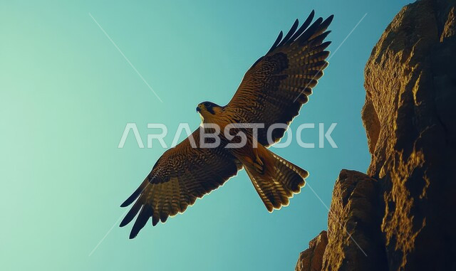 ترويض وتدريب الطيور الجارحة والمفترسة، إقامة نادي الصقور في موسم الصيد السنوي في المملكة العربية السعودية، الفخر بالتراث السعودي العريق، طائر الصقر يحلق في إحدى المحميات الطبيعيه، رمز القوة والتحدي وحدة البصر