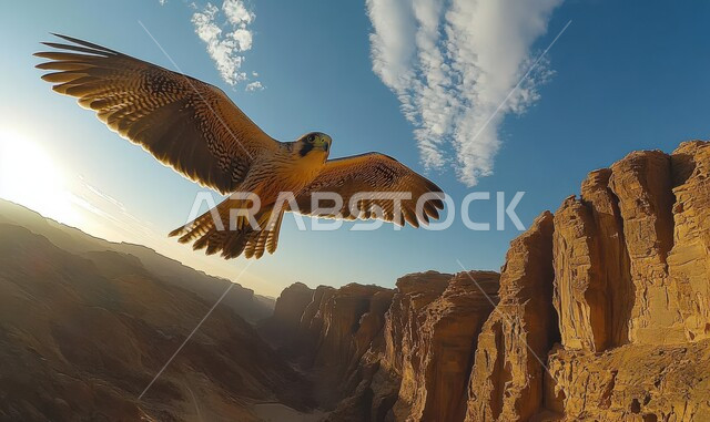 ترويض وتدريب الطيور الجارحة والمفترسة، إقامة نادي الصقور في موسم الصيد السنوي في المملكة العربية السعودية، الفخر بالتراث السعودي العريق، طائر الصقر يحلق في إحدى المحميات الطبيعيه، رمز القوة والتحدي وحدة البصر