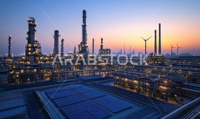 صناعات ومشاريع بتروكيماوية، مفهوم هندسة البترول في دول الخليج, مصفاة تكرير الغاز, النهضة بالاقتصاد الوطني السعودي, منظر المستودعات والخزانات الكبيرة والضخمة في وقت الغروب , مصانع ومعامل النفط في المملكة العربية السعودية