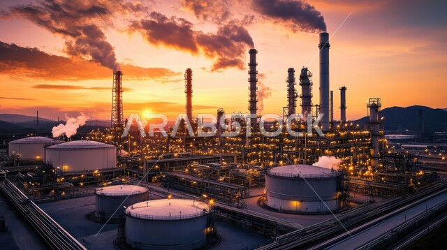 صناعات ومشاريع بتروكيماوية، مفهوم هندسة البترول في دول الخليج, مصفاة تكرير الغاز, النهضة بالاقتصاد الوطني السعودي, منظر المستودعات والخزانات الكبيرة والضخمة في وقت الغروب , مصانع ومعامل النفط في المملكة العربية السعودية