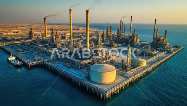 صناعات ومشاريع بتروكيماوية، مفهوم هندسة البترول في دول الخليج, مصفاة تكرير الغاز, النهضة بالاقتصاد الوطني السعودي, منظر المستودعات والخزانات الكبيرة والضخمة في وقت الغروب , مصانع ومعامل النفط في المملكة العربية السعودية