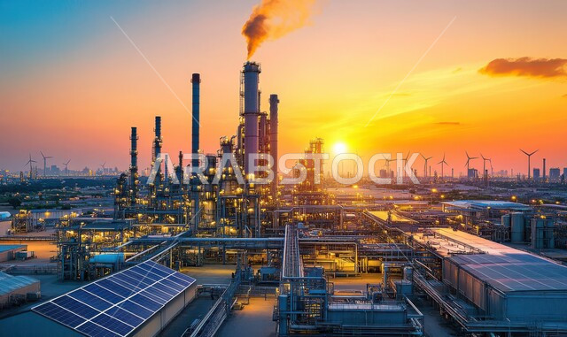 صناعات ومشاريع بتروكيماوية، مفهوم هندسة البترول في دول الخليج, مصفاة تكرير الغاز, النهضة بالاقتصاد الوطني السعودي, منظر المستودعات والخزانات الكبيرة والضخمة في وقت الغروب , مصانع ومعامل النفط في المملكة العربية السعودية