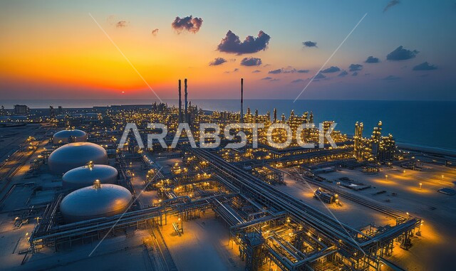 Petrochemical industries and projects, the concept of petroleum engineering in the Gulf countries, the gas refinery, the renaissance of the Saudi national economy, the view of large and huge warehouses and tanks at sunset, oil factories and laboratories in the Kingdom of Saudi Arabia