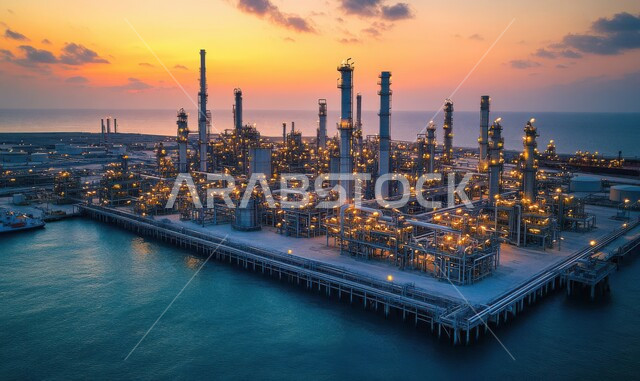 صناعات ومشاريع بتروكيماوية، مفهوم هندسة البترول في دول الخليج, مصفاة تكرير الغاز, النهضة بالاقتصاد الوطني السعودي, منظر المستودعات والخزانات الكبيرة والضخمة في وقت الغروب , مصانع ومعامل النفط في المملكة العربية السعودية