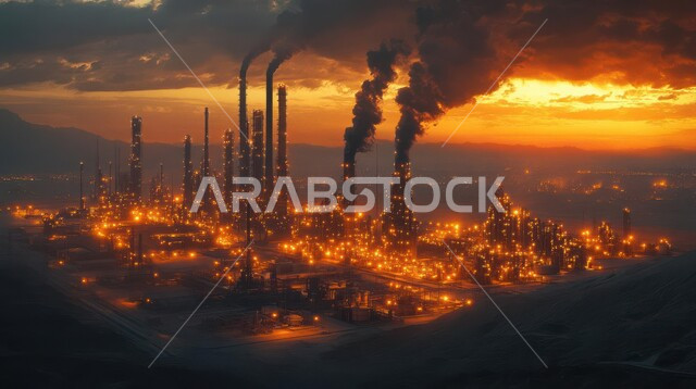 منظر المستودعات والخزانات الكبيرة والضخمة في وقت الغروب, النهضة بالاقتصاد الوطني السعودي, مفهوم هندسة البترول في دول الخليج, صناعات ومشاريع بتروكيماوية، مصفاة تكرير الغاز, مصانع ومعامل النفط في المملكة العربية السعودية