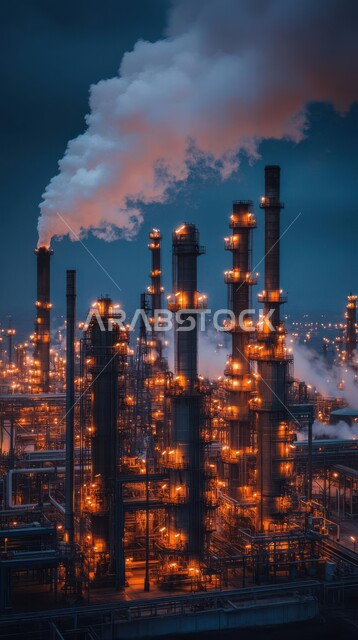 View of large and huge warehouses and tanks at sunset, the renaissance of the Saudi national economy, the concept of petroleum engineering in the Gulf countries, petrochemical industries and projects, gas refinery, oil factories and laboratories in the Kingdom of Saudi Arabia