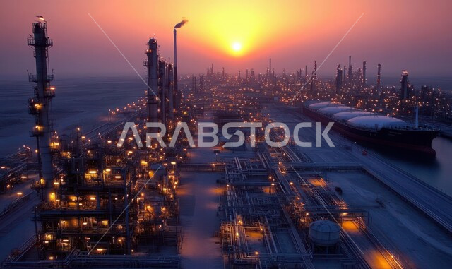 منظر المستودعات والخزانات الكبيرة والضخمة في وقت الغروب, النهضة بالاقتصاد الوطني السعودي, مفهوم هندسة البترول في دول الخليج, صناعات ومشاريع بتروكيماوية، مصفاة تكرير الغاز, مصانع ومعامل النفط في المملكة العربية السعودية