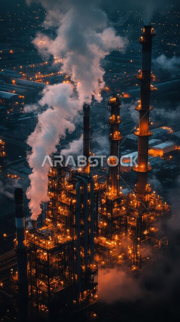 منظر المستودعات والخزانات الكبيرة والضخمة في وقت الغروب, النهضة بالاقتصاد الوطني السعودي, مفهوم هندسة البترول في دول الخليج, صناعات ومشاريع بتروكيماوية، مصفاة تكرير الغاز, مصانع ومعامل النفط في المملكة العربية السعودية