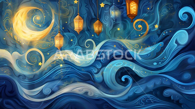 زينة وفوانيس عربية معدنية تقليدية مزخرفة مضاءة مع الهلال، الأجواء الرمضانية الروحانية، مصابيح و تحف تقليدية للاحتفال بقدوم شهر الخير، المناسبات والأعياد الدينية الإسلامية في المملكة العربية السعودية