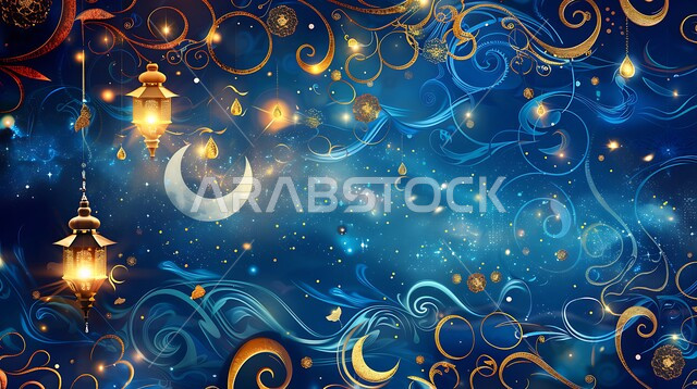 الفن الاسلامي للتحف والاكسسوارات، مناسبات دينية اسلامية، هلال وزينة شهر رمضان المبارك، مجموعه من الفوانيس المعلقة العربية المعدنية المزخرفة المضيئة، أنوار ذهبية وديكورات في الأجواء الرمضانية الروحانية، الاحتفال بقدوم شهر الخير