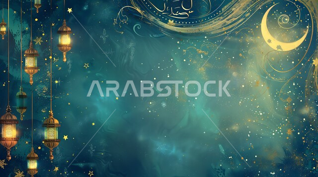 أنوار ذهبية وديكورات في الأجواء الرمضانية الروحانية, الاحتفال بقدوم شهر الخير، الفن الاسلامي للتحف والاكسسوارات، مناسبات دينية اسلامية، هلال وزينة شهر رمضان المبارك، مجموعه من الفوانيس المعلقة العربية المعدنية المزخرفة المضيئة