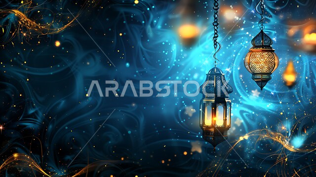 مفهوم الاحتفال بالمناسبات والأعياد الدينية الاسلامية، اكسسوارت وزينة متميزة، فرحة المسلمين بقدوم شهرالخير، التصميم العصري للفوانيس والتحف التقليدية, إضاءة المصابيح المعدنية المزخرفة مع الهلال، قدوم شهر رمضان المبارك