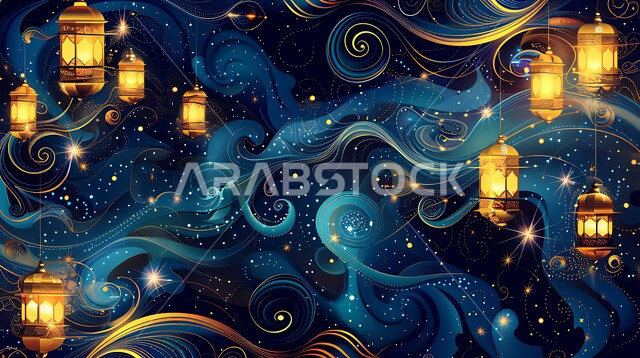 مناسبات دينية اسلامية، هلال وزينة شهر رمضان المبارك، مجموعه من الفوانيس المعلقة العربية المعدنية المزخرفة المضيئة، أنوار ذهبية وديكورات في الأجواء الرمضانية الروحانية، الاحتفال بقدوم شهر الخير، الفن الاسلامي للتحف والاكسسوارات