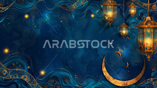 قدوم شهر رمضان المبارك, مفهوم الاحتفال بالمناسبات والأعياد الدينية الاسلامية، اكسسوارت وزينة متميزة، فرحة المسلمين بقدوم شهرالخير، التصميم العصري للفوانيس والتحف التقليدية, إضاءة المصابيح المعدنية المزخرفة مع الهلال