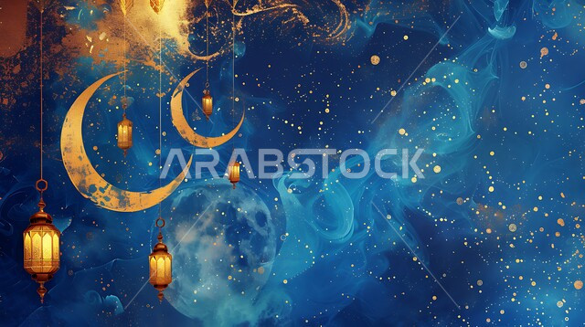 الفن الاسلامي للتحف والاكسسوارات، مناسبات دينية اسلامية، هلال وزينة شهر رمضان المبارك، مجموعه من الفوانيس المعلقة العربية المعدنية المزخرفة المضيئة، أنوار ذهبية وديكورات في الأجواء الرمضانية الروحانية، الاحتفال بقدوم شهر الخير