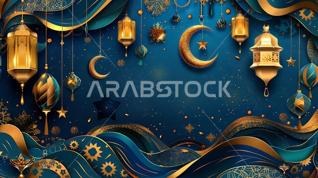 مجموعه من الفوانيس المعلقة العربية المعدنية المزخرفة المضيئة، ديكورات وأنوار ذهبية في الأجواء الرمضانية الروحانية, الاحتفال بقدوم شهر الخير، الفن الاسلامي للتحف والاكسسوارات، مناسبات دينية اسلامية، هلال وزينة شهر رمضان المبارك