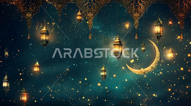 مناسبات دينية اسلامية، هلال وزينة شهر رمضان المبارك، مجموعه من الفوانيس المعلقة العربية المعدنية المزخرفة المضيئة، أنوار ذهبية وديكورات في الأجواء الرمضانية الروحانية، الاحتفال بقدوم شهر الخير، الفن الاسلامي للتحف والاكسسوارات