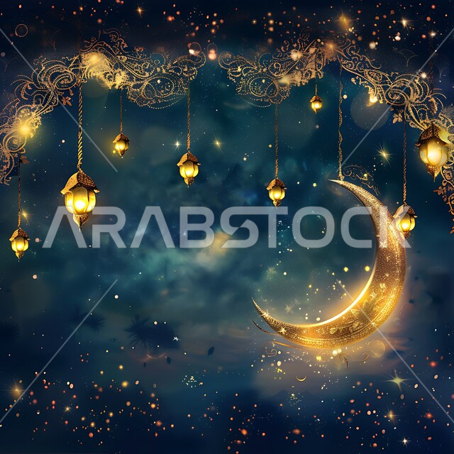 مجموعه من الفوانيس المعلقة العربية المعدنية المزخرفة المضيئة، ديكورات وأنوار ذهبية في الأجواء الرمضانية الروحانية, الاحتفال بقدوم شهر الخير، الفن الاسلامي للتحف والاكسسوارات، مناسبات دينية اسلامية، هلال وزينة شهر رمضان المبارك