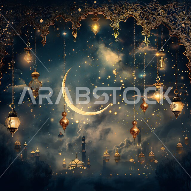 أنوار ذهبية وديكورات في الأجواء الرمضانية الروحانية, الاحتفال بقدوم شهر الخير، الفن الاسلامي للتحف والاكسسوارات، مناسبات دينية اسلامية، هلال وزينة شهر رمضان المبارك، مجموعه من الفوانيس المعلقة العربية المعدنية المزخرفة المضيئة