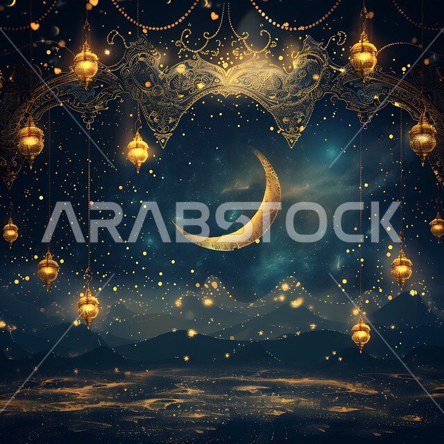 فرحة المسلمين بقدوم شهرالخير، التصميم العصري للفوانيس والتحف التقليدية, إضاءة المصابيح المعدنية المزخرفة مع الهلال، قدوم شهر رمضان المبارك، مفهوم الاحتفال بالمناسبات والأعياد الدينية الاسلامية، اكسسوارت وزينة متميزة