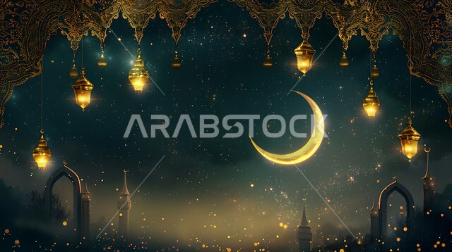الفن الاسلامي للتحف والاكسسوارات، مناسبات دينية اسلامية، هلال وزينة شهر رمضان المبارك، مجموعه من الفوانيس المعلقة العربية المعدنية المزخرفة المضيئة، أنوار ذهبية وديكورات في الأجواء الرمضانية الروحانية، الاحتفال بقدوم شهر الخير